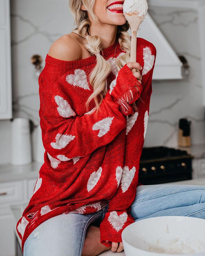 

Heart Print Ladder Cutout Knit Sweater, Red