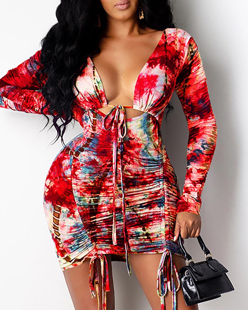 

Tie Front Open Back Drawstring Ruched Bodycon Dress, Red