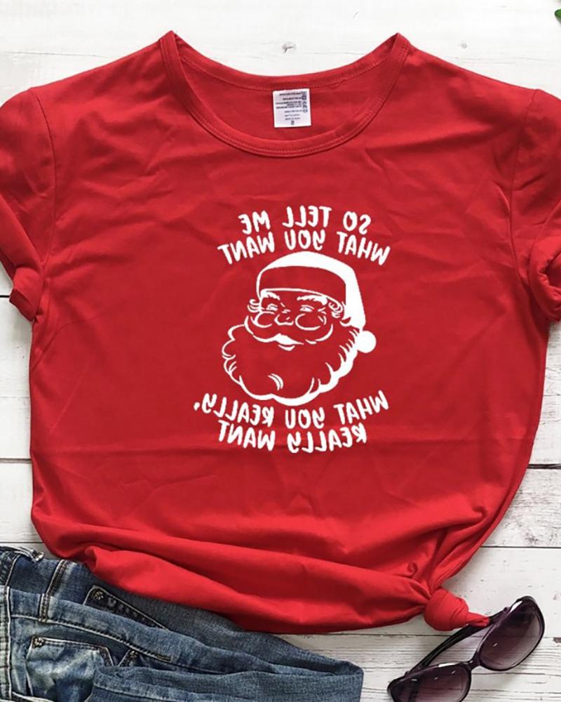 

Christmas Letter Print Short Sleeve Casual T-Shirt, Red