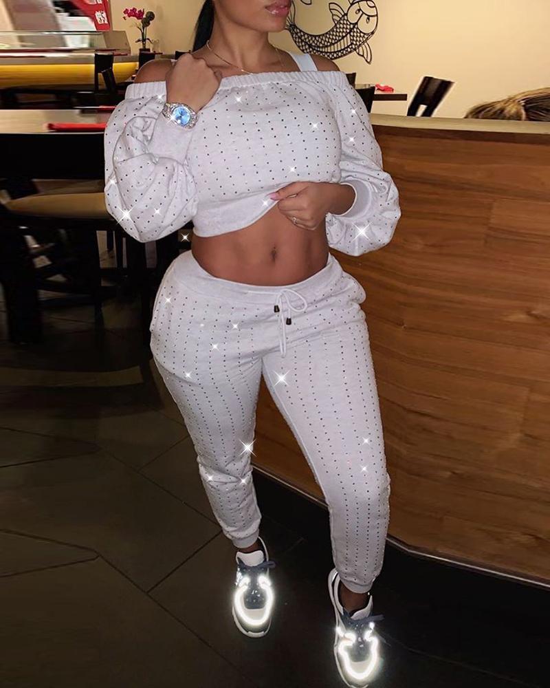 

Off Shoulder Studded Top & Drawstring Pants Set, White