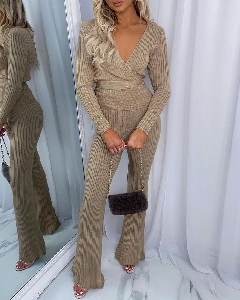 

Plain Long Sleeve Wrap Top & Flared Leg Pants Set, Khaki