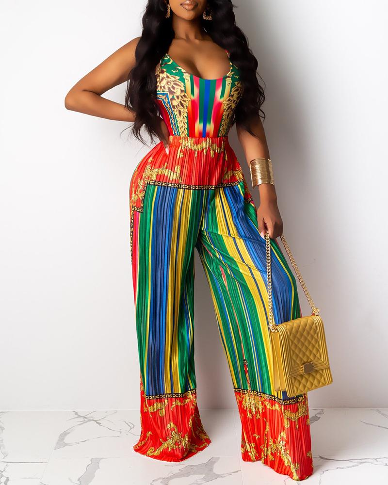 

Striped Colorblock Backless Pleated Jumpsuit, Green