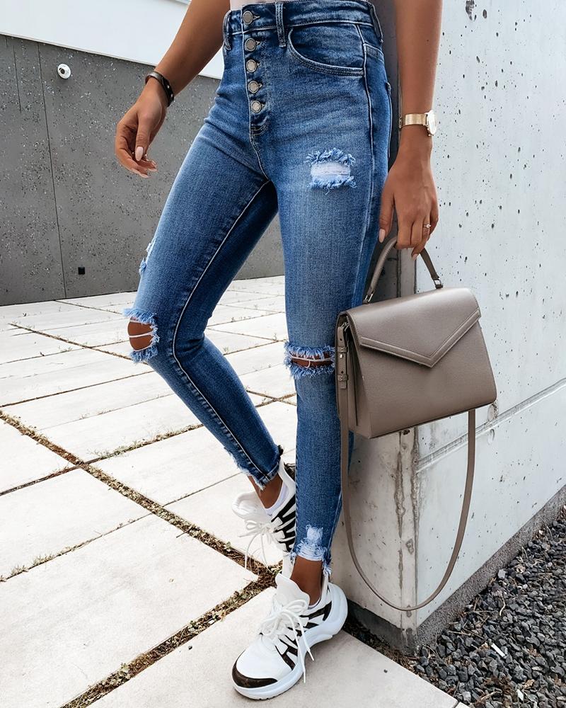 

Cutout Ripped Button Design Casual Jeans, Blue