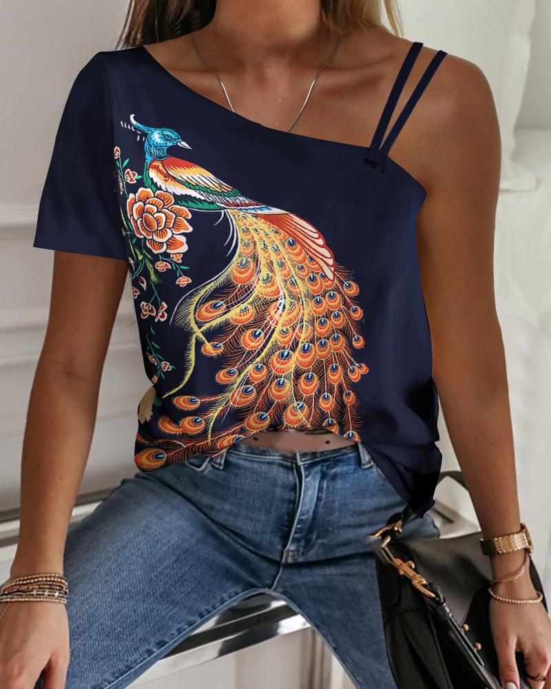 

One Shoulder Peacock Print Casual T-shirt, Purplish blue