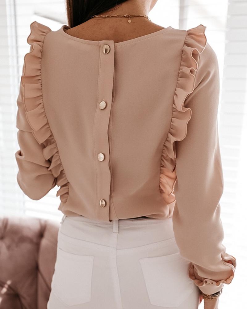 

Button Design Frill Hem Long Sleeve Blouse, Pink