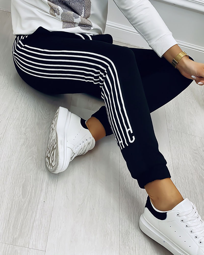 

Striped Tape Design Casual Pants, Black