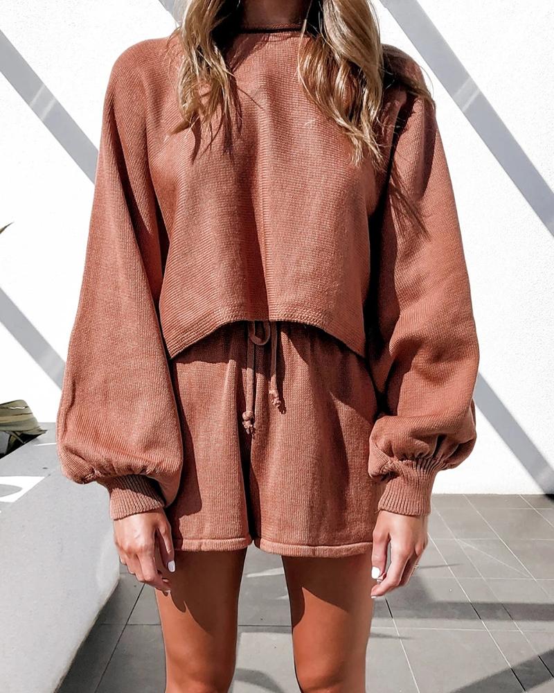 

Solid Long Sleeve Loose Cropped Knitted Sweater With Shorts Suit Sets, Brown