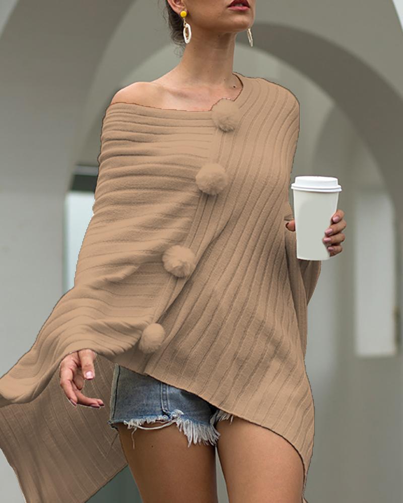 

Solid Pom Pom Casual Cloak Sweater, Khaki