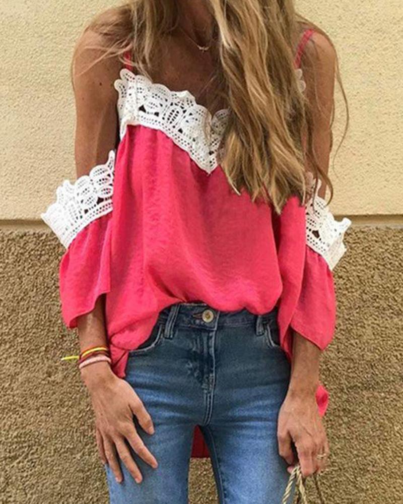 

V-Neck Lace Trim Top, Pink