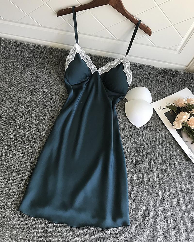 

Lace Trim Frill Hem Satin Padded Nightgown, Dark blue