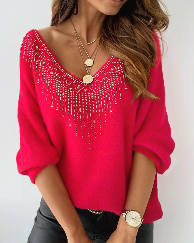 

Studded Long Sleeve Fluffy Sweater, Red