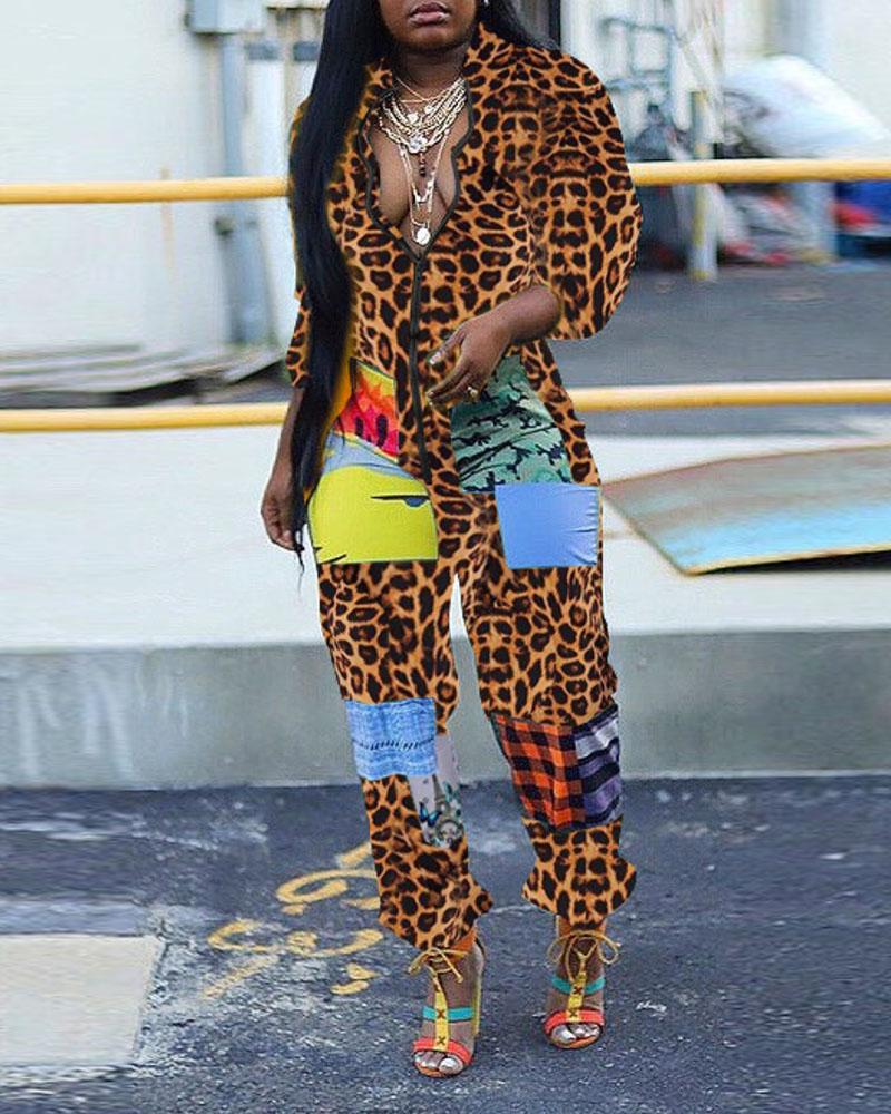 

Camouflage Cheetah Print Colorblock Plunge Jumpsuit, Leopard