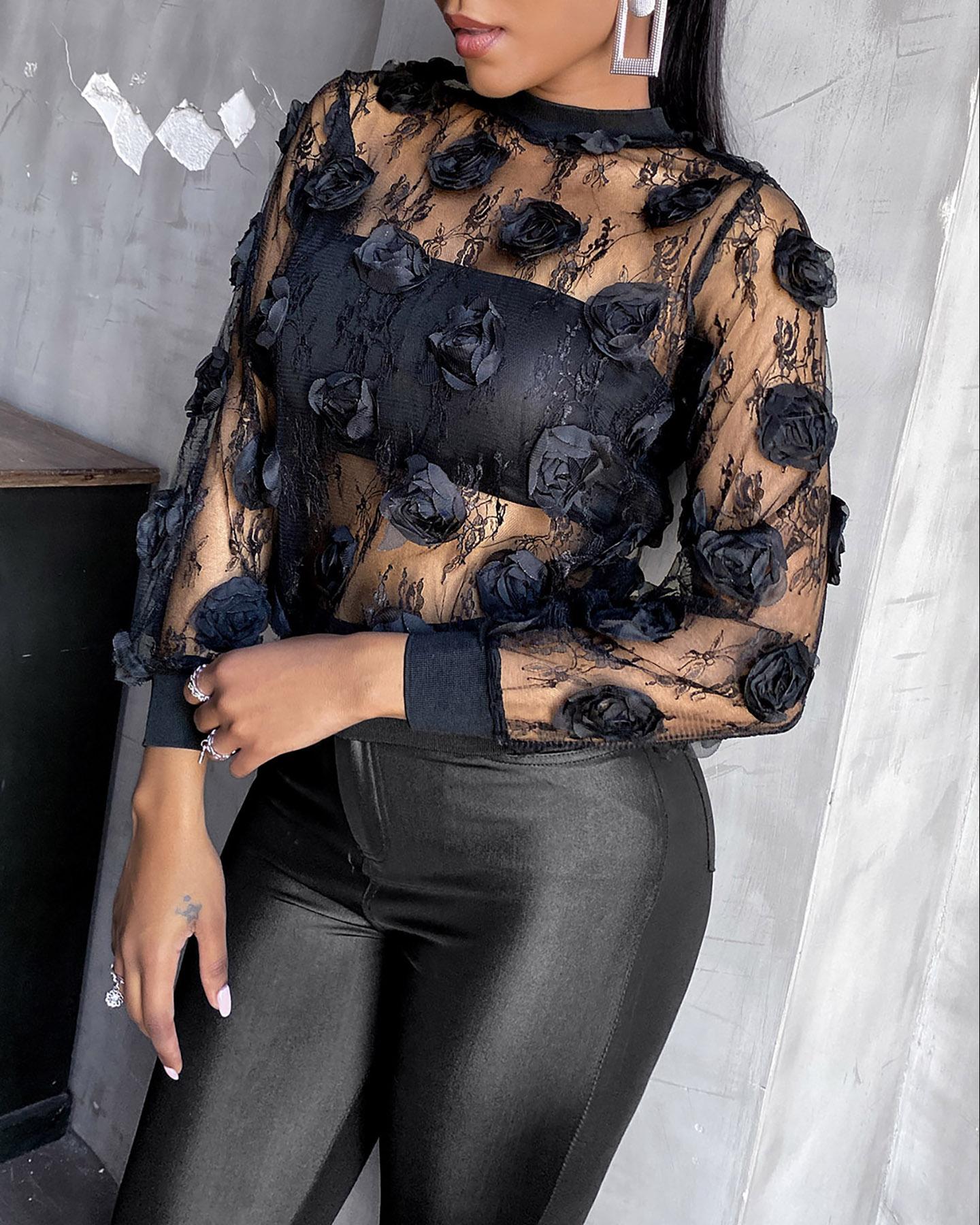

Floral Decor Sheer Mesh Top, Black