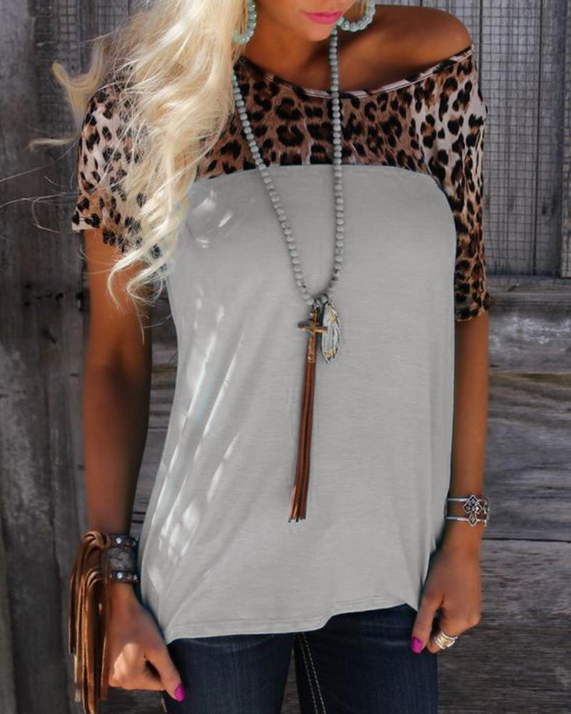 

Splicing Leopard Print Short Sleeve T-shirt, Gray