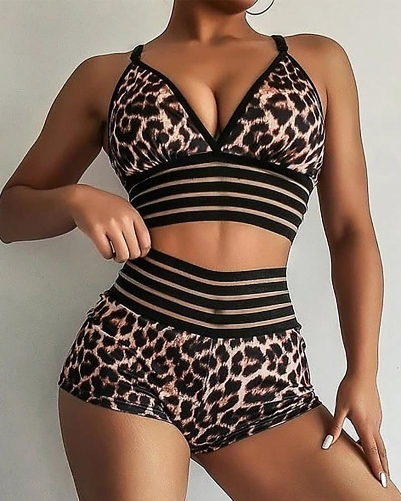 

Cheetah Print Striped Cami Top & Short Set, Leopard
