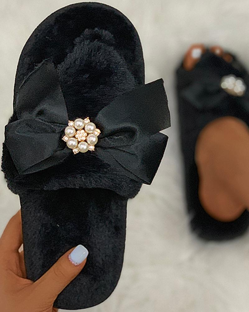 

Bowknot Beaded Toe Post Fluffy Slippers, Black