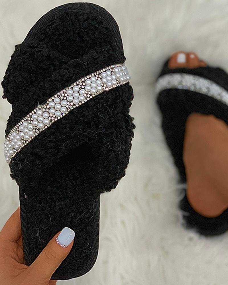 

Beaded Studded Bandage Fluffy Slippers, Black