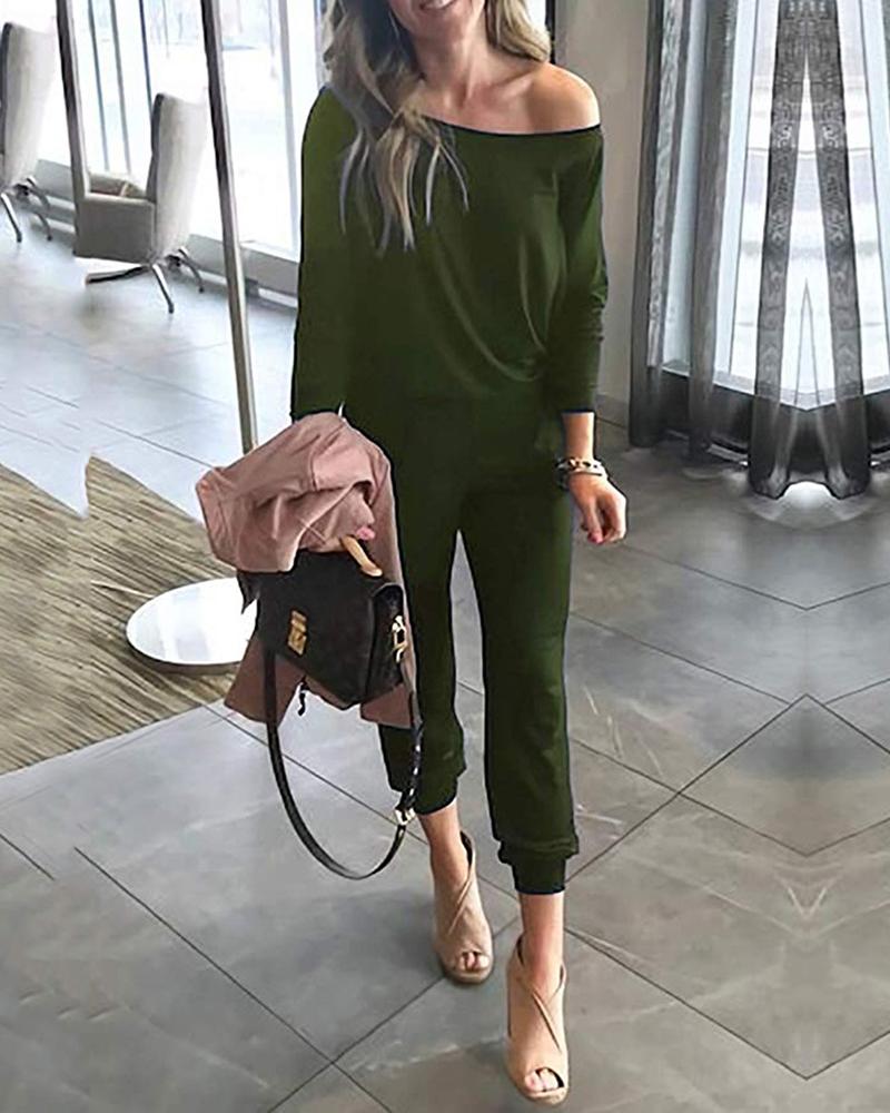 

Off Shoulder Pocket Casual Jumpsuit, Army green