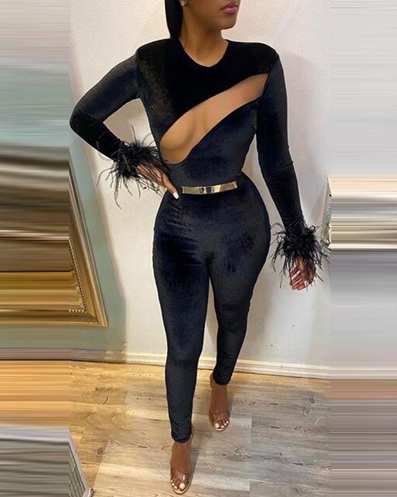 

Solid Long Sleeve Cut-out Skinny Velvet Jumpsuit, Black