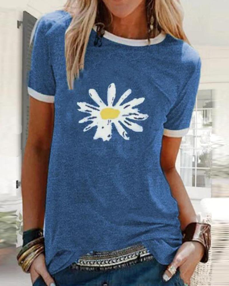

Diasy Print Contrast Trim T-Shirt, Blue