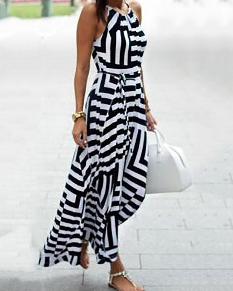 

Contrast Color Halter Geo Print Casual Maxi Dress, Black
