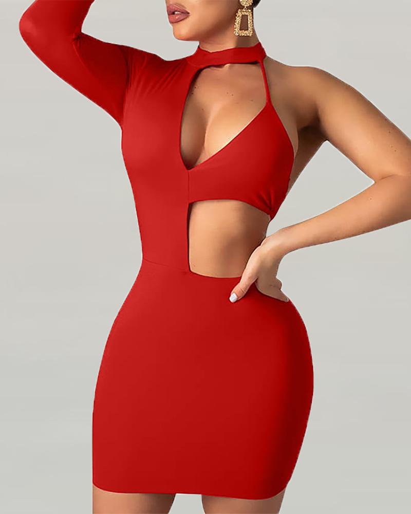 

Solid One Shoulder Cut Out Bodycon Dress, Red