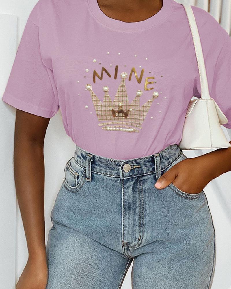 

Beaded Crown Pattern Casual T-shirt, Purple