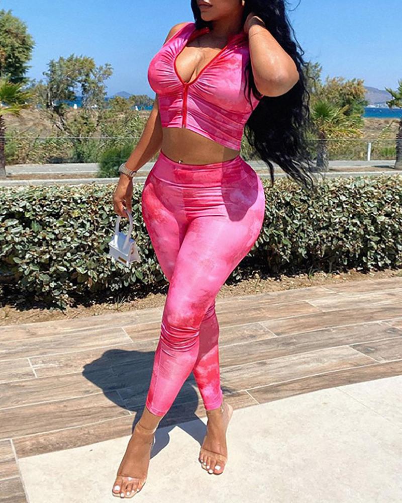 

Zipper Design Tie Dye Print Top & Pants Set, Pink