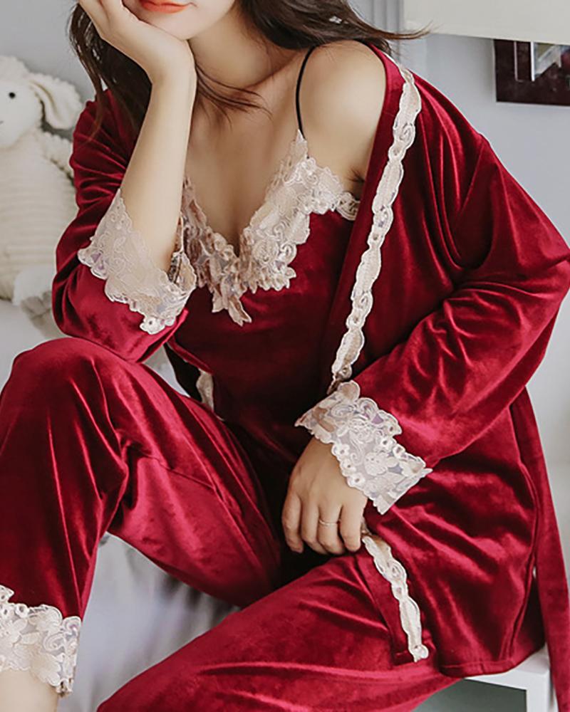 

3PCS Lace Trim Velvet Pajamas Set, Wine red