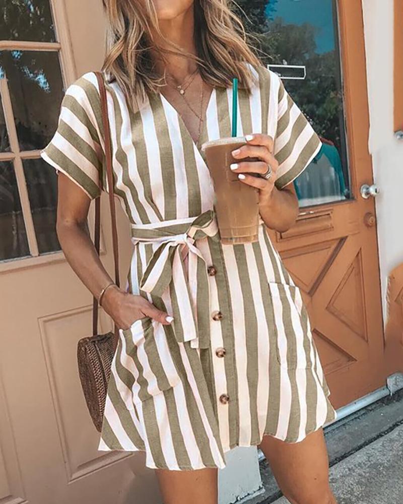 

Striped Button Design Pockets Casual Dress, Green