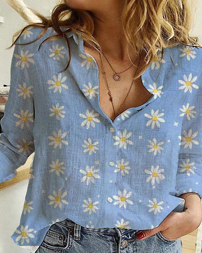 

Floral / Daisy / Tie Dye Print Long Sleeve Casual Shirt, Blue