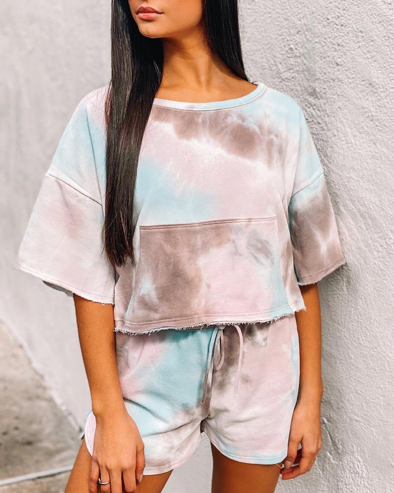 

Tie Dye Print Fringe Hem Drawstring Pajamas Set, Light blue