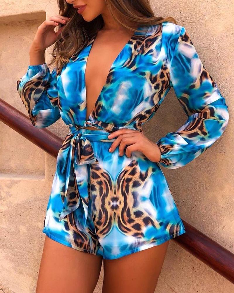

Leopard Print V Neck Long Sleeve Top & Shorts Set, Blue
