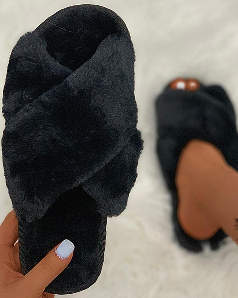

Plain / Colorblock Bandage Fluffy Slippers, Black