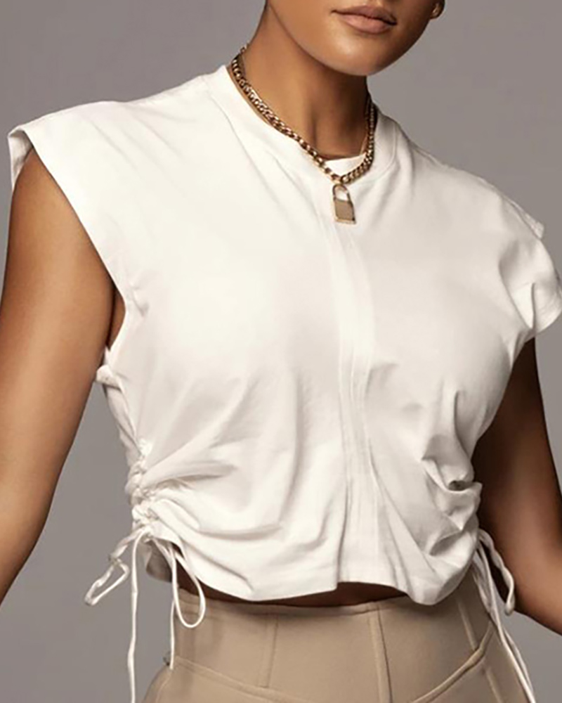 

Round Neck Sleeveless Drawstring T-shirt, White