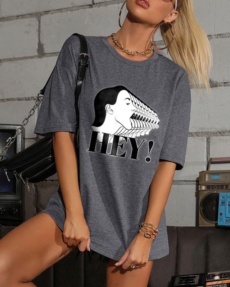 

Cartoon Figure Print Short Sleeve T-shirts, Gray