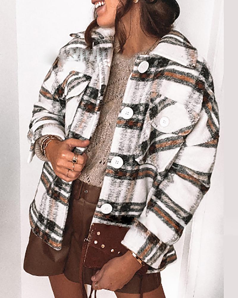 

Long Sleeve Pocket Button Design Checked Shacket, White