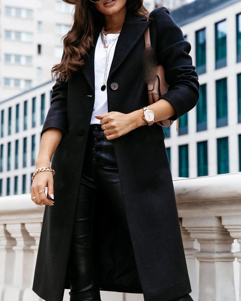 

Button Design Long Sleeve Casual Longline Coat, Black