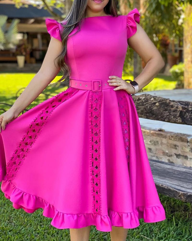 

Plain Hollow Out Frill Hem Dress, Hot pink