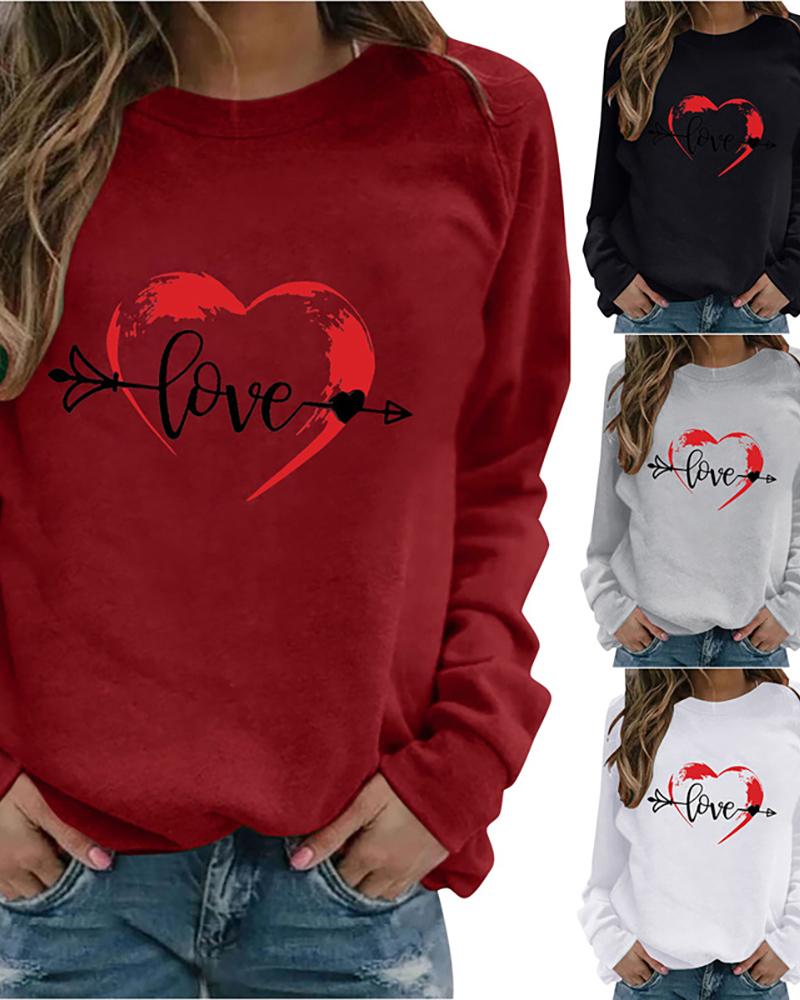 

Letter Heart Print Long Sleeve Sweatshirt, Red