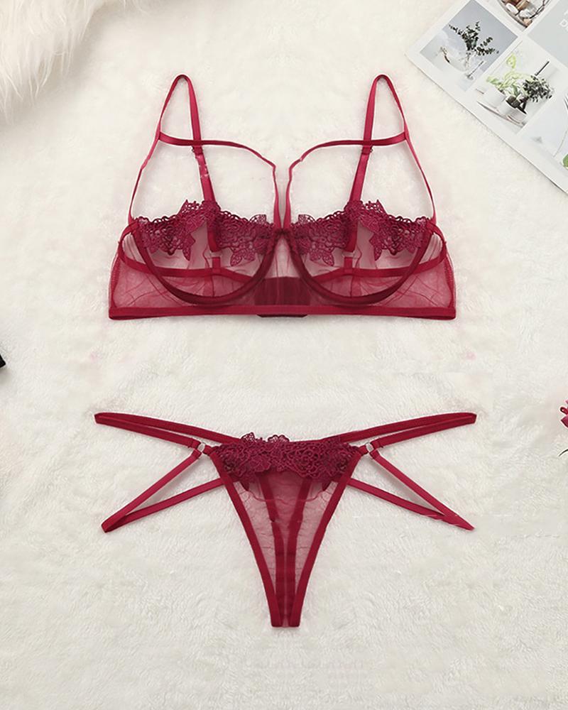 

See-through Splicing Lace Sling Lingerie, Wine red