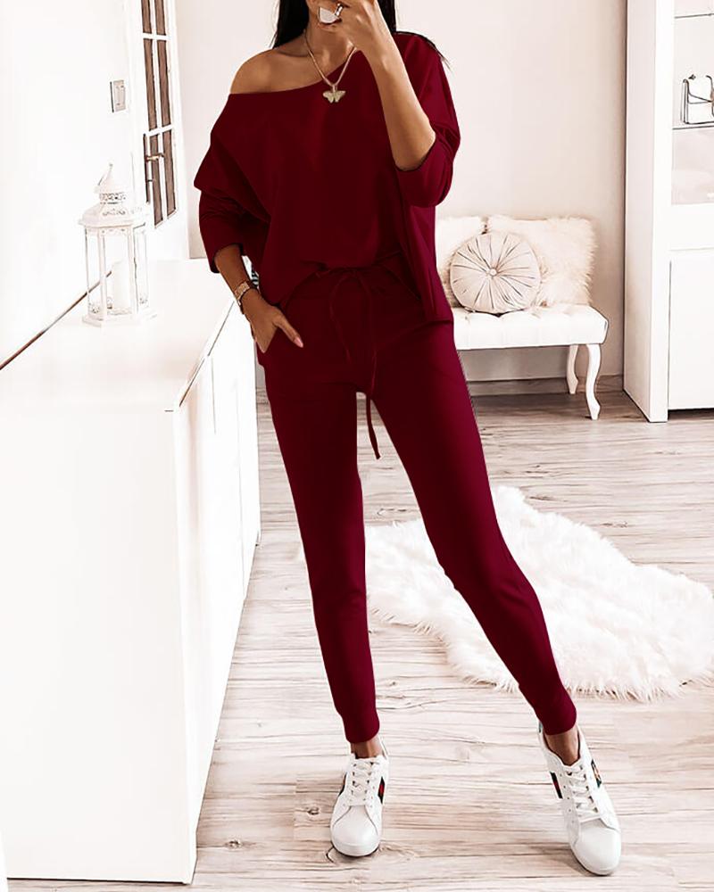 

One Shoulder Women Top & Drawstring Pants Set, Wine red