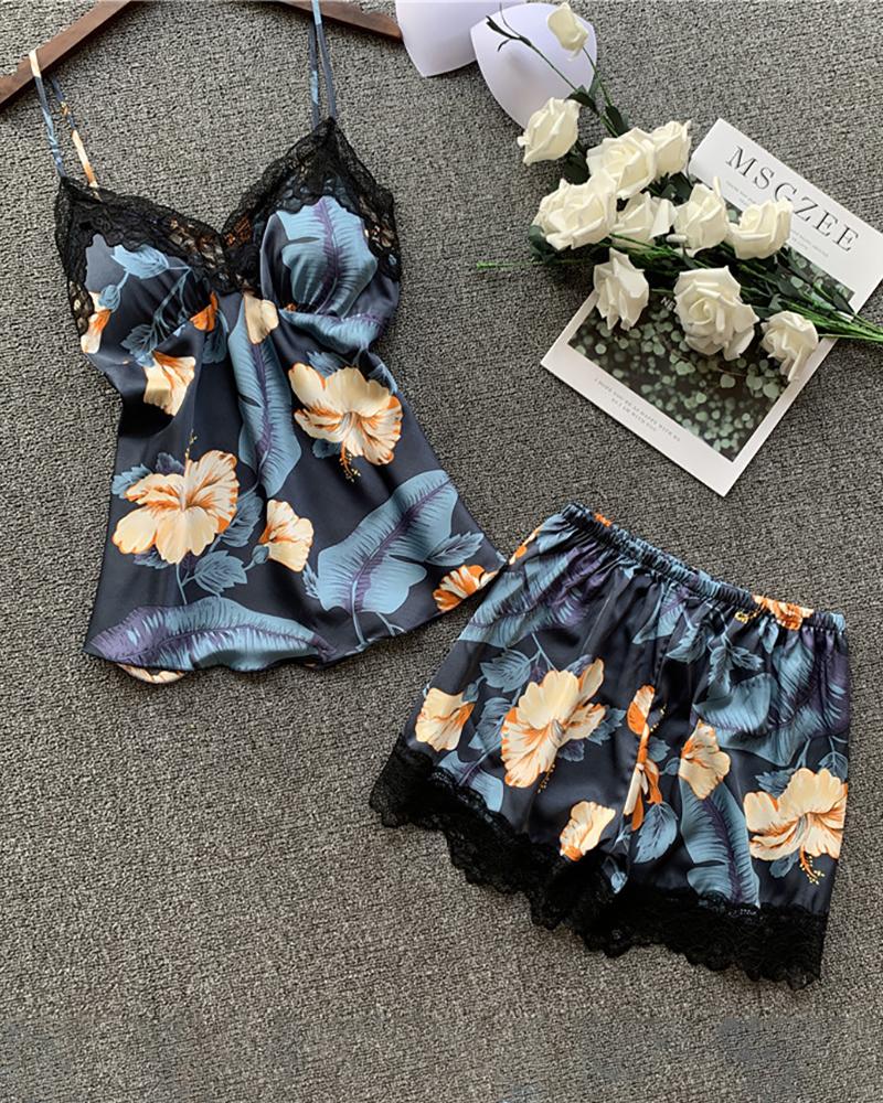 

Spaghetti Strap Floral Print Lace Trim Cami Sets, Dark blue