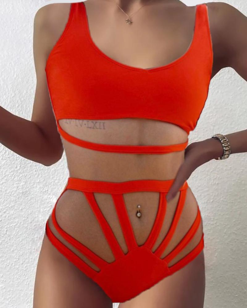 

Cutout Plain V Neck Bikini Set, Orange