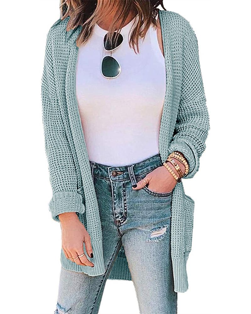 

Casual Solid Waffle Check Cardigan, Green