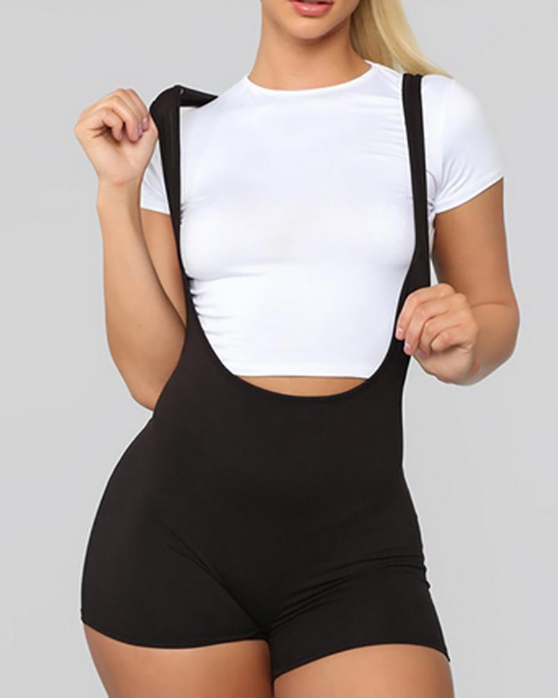 

Plain/Leopard Print Suspender U Neck Romper, Black