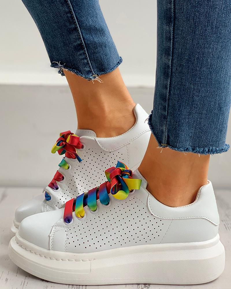 

Colorblock Lace-up Breathable Casual Sneakers, White