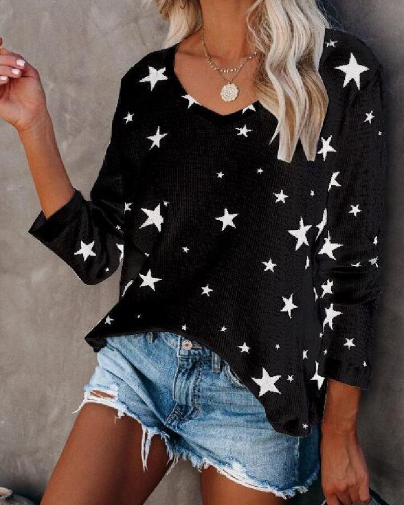 

Star Print Long Sleeve Blouse, Black