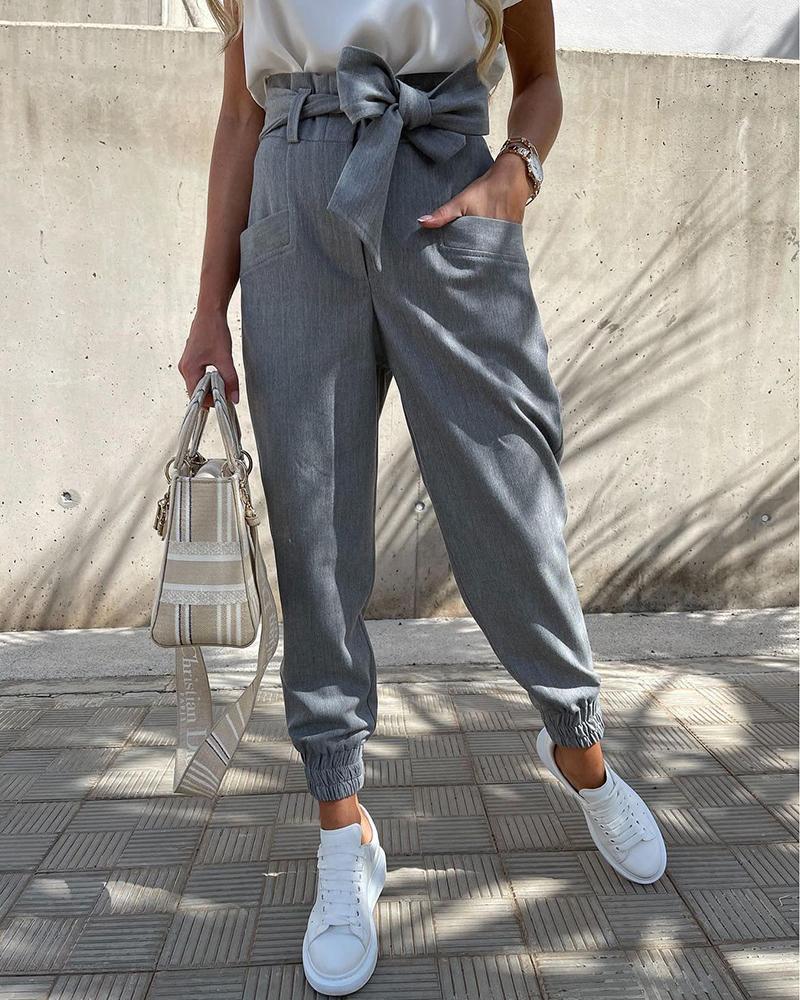 

Pocket Design Plain Casual Pants With Belt, Gray