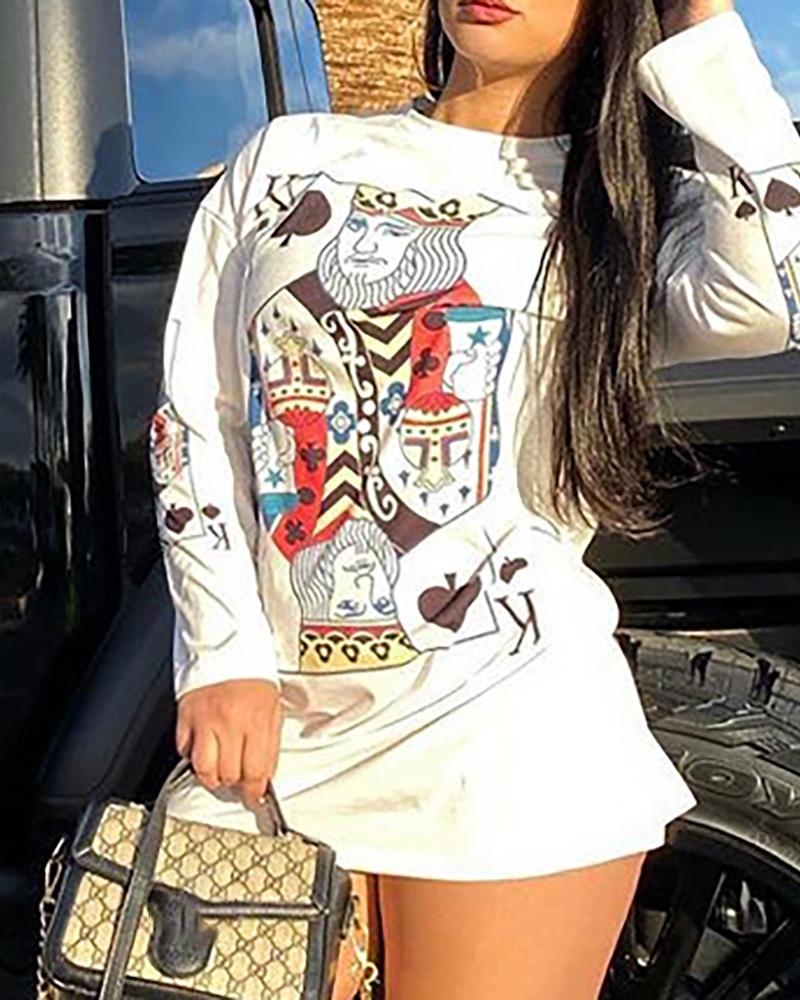 

Poker Print Long Sleeve Casual Top, White